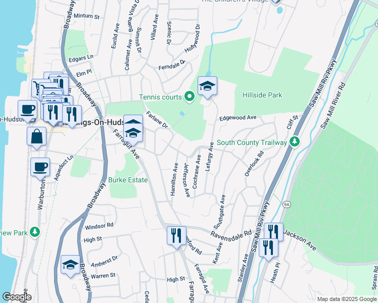 map of restaurants, bars, coffee shops, grocery stores, and more near 111 Cochrane Avenue in Hastings-on-Hudson
