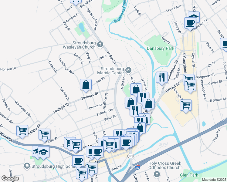 map of restaurants, bars, coffee shops, grocery stores, and more near 443 North 5th Street in Stroudsburg