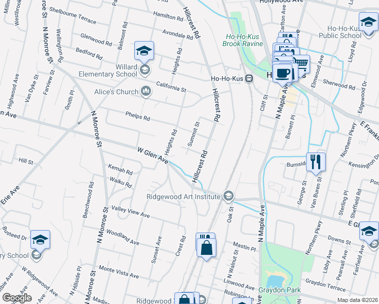 map of restaurants, bars, coffee shops, grocery stores, and more near 436 Hillcrest Road in Ridgewood