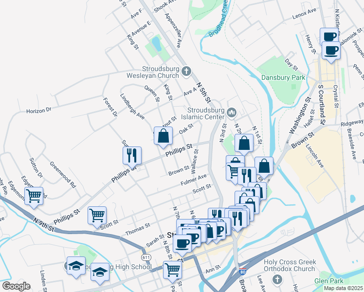map of restaurants, bars, coffee shops, grocery stores, and more near 521 King Street in Stroudsburg