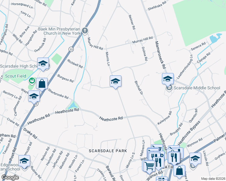 map of restaurants, bars, coffee shops, grocery stores, and more near 41 Morris Lane in Scarsdale