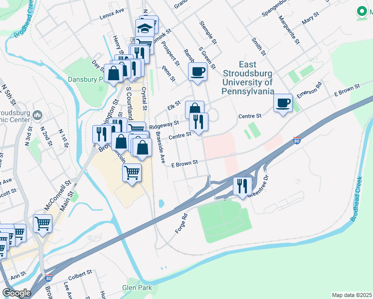 map of restaurants, bars, coffee shops, grocery stores, and more near 284 Brodhead Avenue in East Stroudsburg