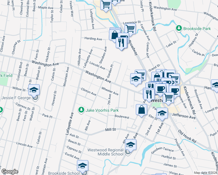 map of restaurants, bars, coffee shops, grocery stores, and more near 21 Wheeler Avenue in Westwood