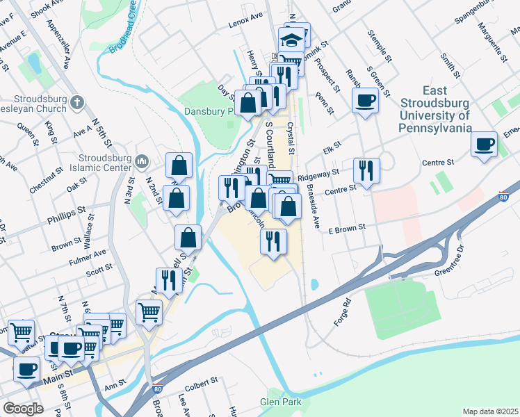 map of restaurants, bars, coffee shops, grocery stores, and more near 300 Lincoln Avenue in East Stroudsburg