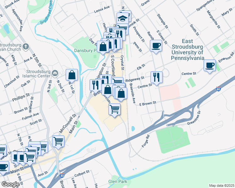 map of restaurants, bars, coffee shops, grocery stores, and more near 105 U.S. 209 Business in East Stroudsburg