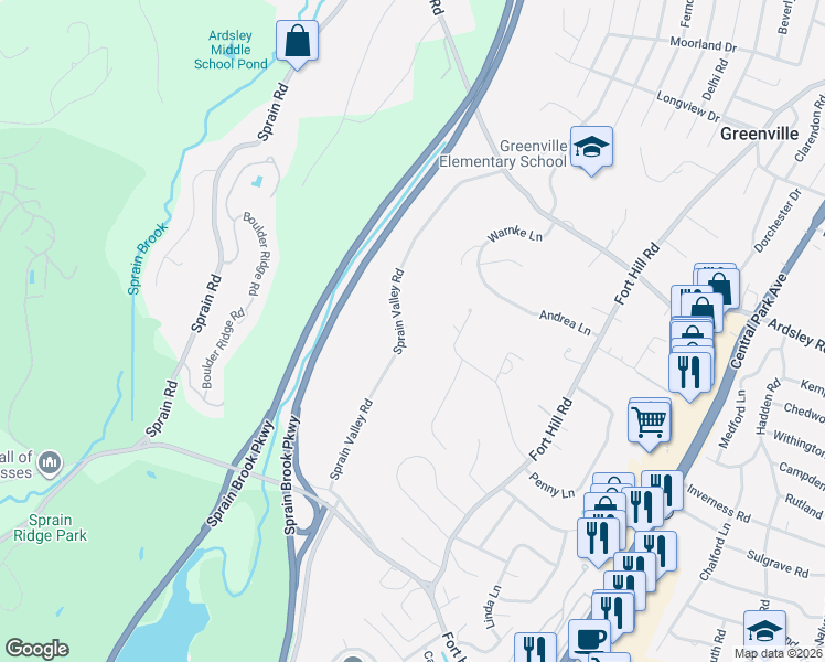 map of restaurants, bars, coffee shops, grocery stores, and more near 44 Sprain Valley Road in Scarsdale