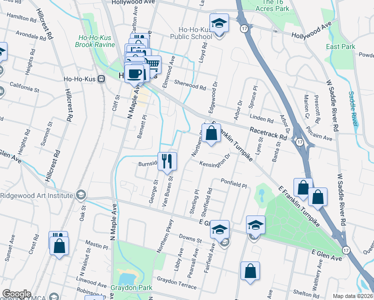 map of restaurants, bars, coffee shops, grocery stores, and more near 559 Van Buren Street in Ridgewood