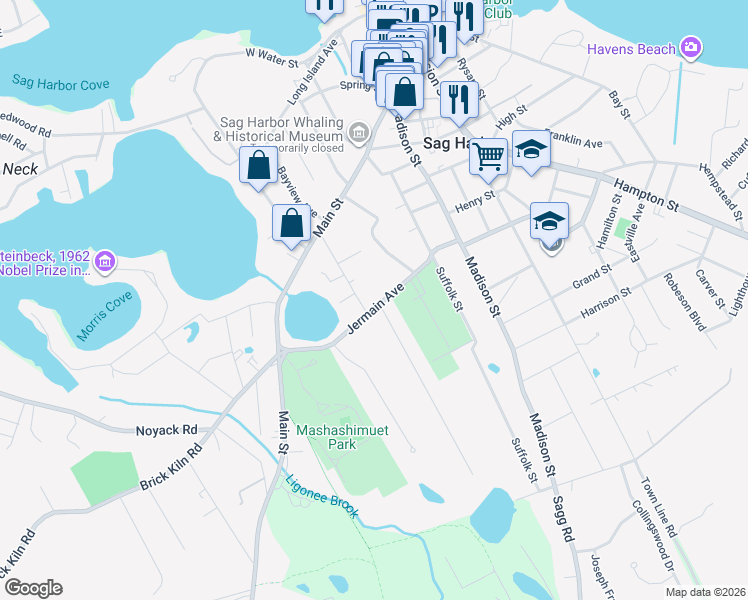 map of restaurants, bars, coffee shops, grocery stores, and more near 37 Oakland Avenue in Sag Harbor