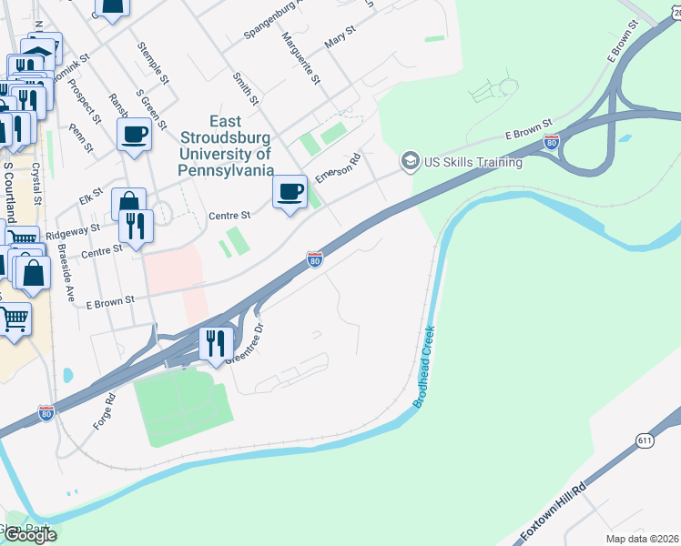 map of restaurants, bars, coffee shops, grocery stores, and more near 405 Greentree Drive in East Stroudsburg