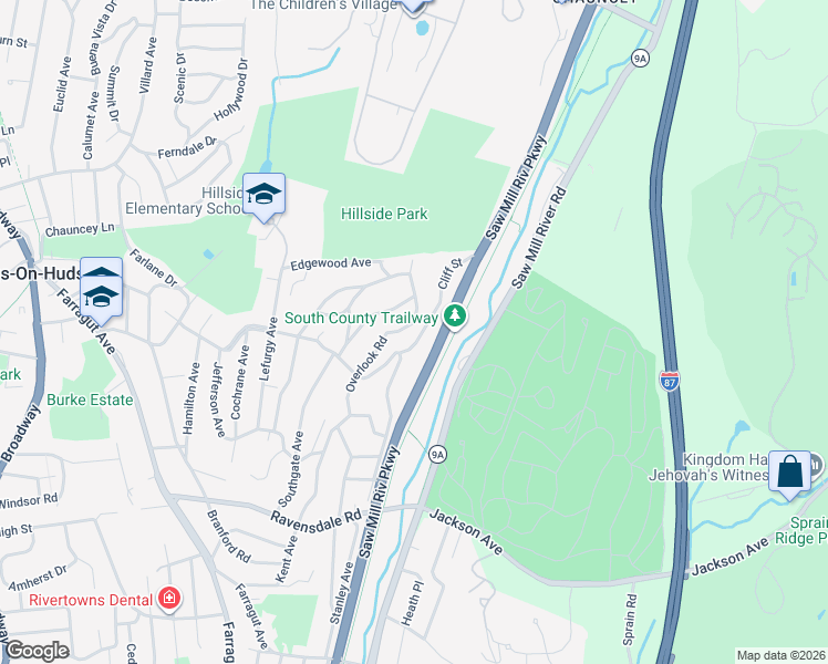 map of restaurants, bars, coffee shops, grocery stores, and more near 75 Cliff Street in Hastings-on-Hudson