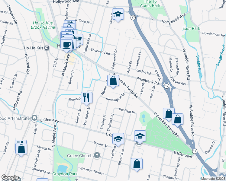 map of restaurants, bars, coffee shops, grocery stores, and more near 321 Abbey Court in Ridgewood