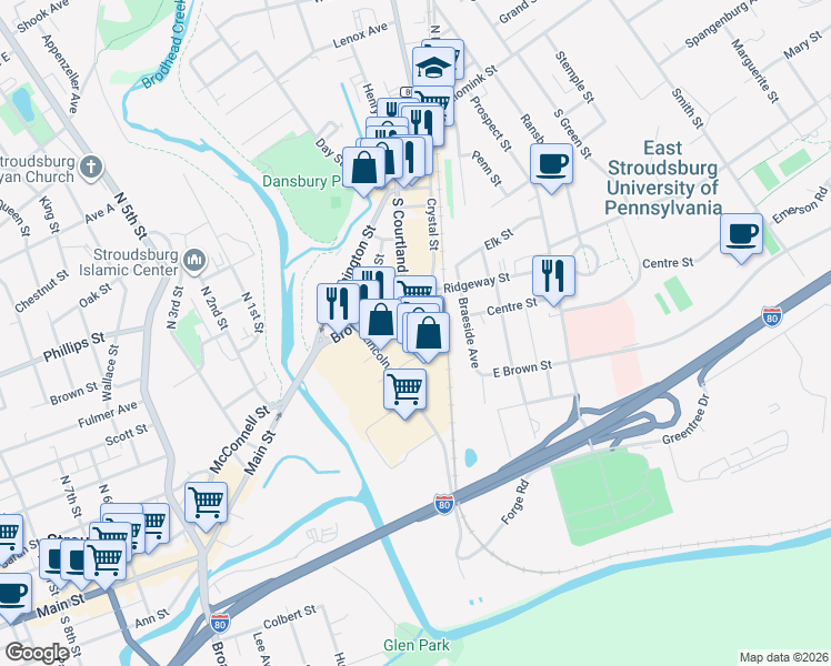 map of restaurants, bars, coffee shops, grocery stores, and more near 300 Lincoln Avenue in East Stroudsburg