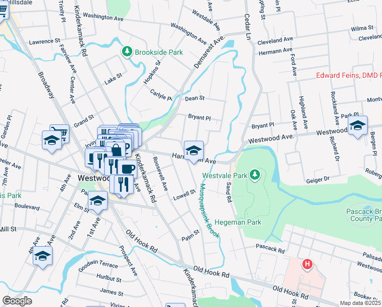 map of restaurants, bars, coffee shops, grocery stores, and more near 98 Harrington Avenue in Westwood