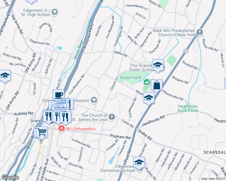 map of restaurants, bars, coffee shops, grocery stores, and more near 44 Church Lane in Scarsdale