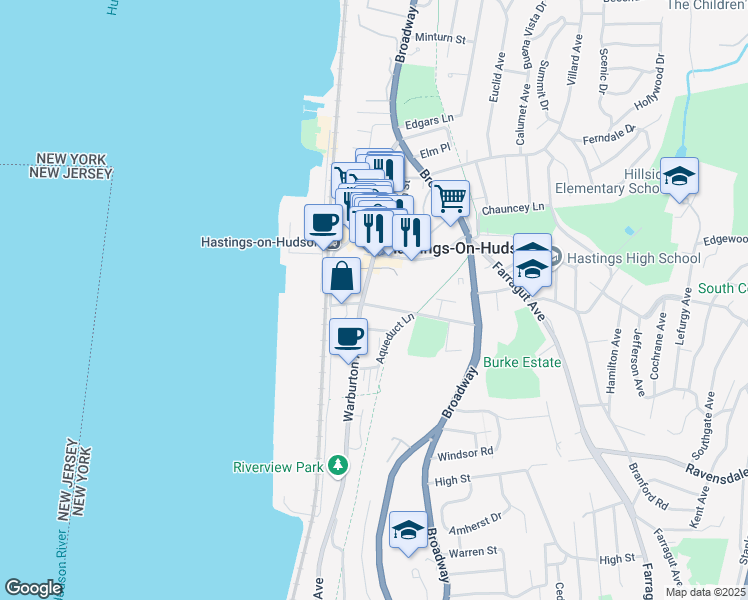 map of restaurants, bars, coffee shops, grocery stores, and more near 35 Washington Avenue in Hastings-on-Hudson