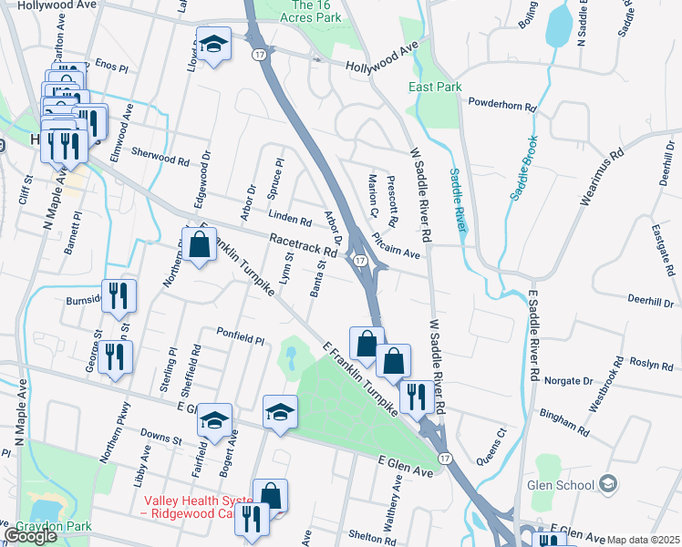 map of restaurants, bars, coffee shops, grocery stores, and more near 461 Racetrack Road in Ho-Ho-Kus