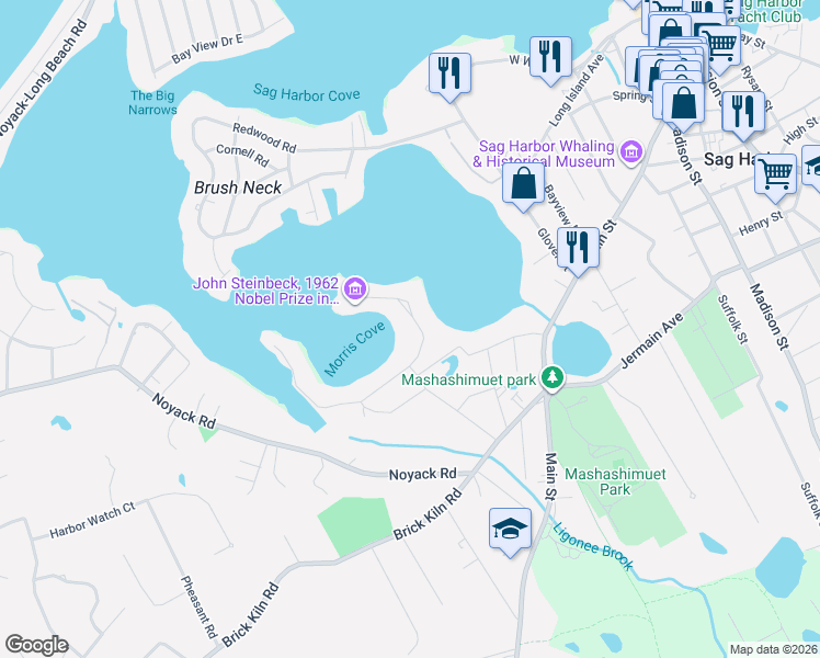 map of restaurants, bars, coffee shops, grocery stores, and more near 5 Bluff Point Road in Sag Harbor