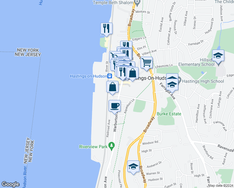 map of restaurants, bars, coffee shops, grocery stores, and more near 483 Warburton Avenue in Hastings-on-Hudson