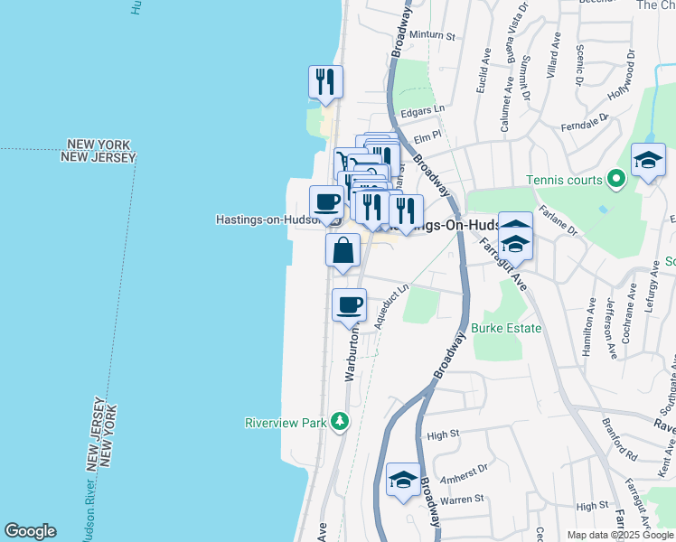 map of restaurants, bars, coffee shops, grocery stores, and more near 115 Southside Avenue in Hastings-on-Hudson