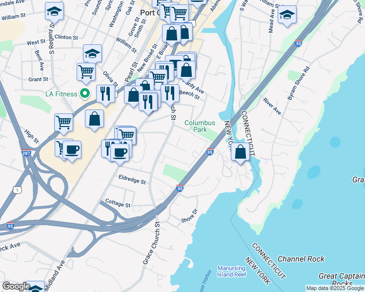 map of restaurants, bars, coffee shops, grocery stores, and more near 32 Fox Island Road in Port Chester