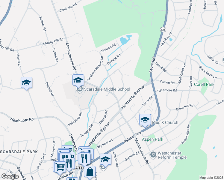 map of restaurants, bars, coffee shops, grocery stores, and more near 3 Canterbury Road in Scarsdale