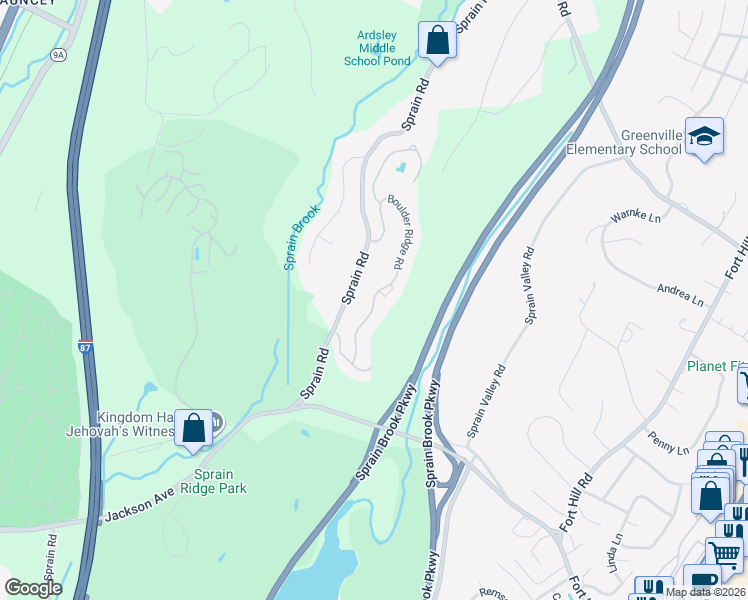 map of restaurants, bars, coffee shops, grocery stores, and more near 123 Boulder Ridge Road in Westchester County