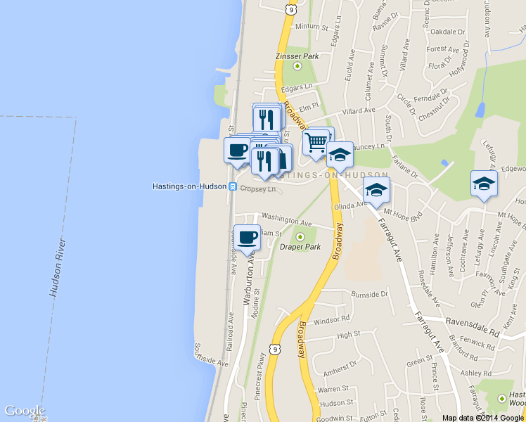 map of restaurants, bars, coffee shops, grocery stores, and more near 35 Washington Avenue in Hastings-on-Hudson