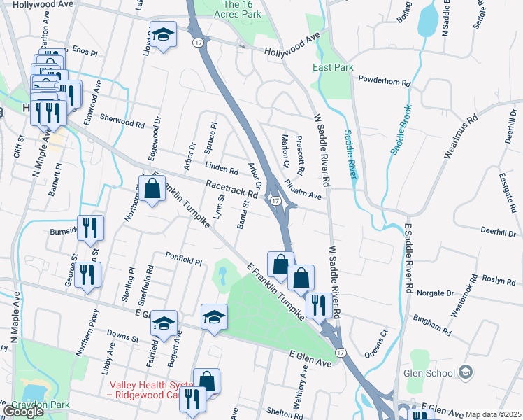 map of restaurants, bars, coffee shops, grocery stores, and more near 461 Racetrack Road in Ho-Ho-Kus