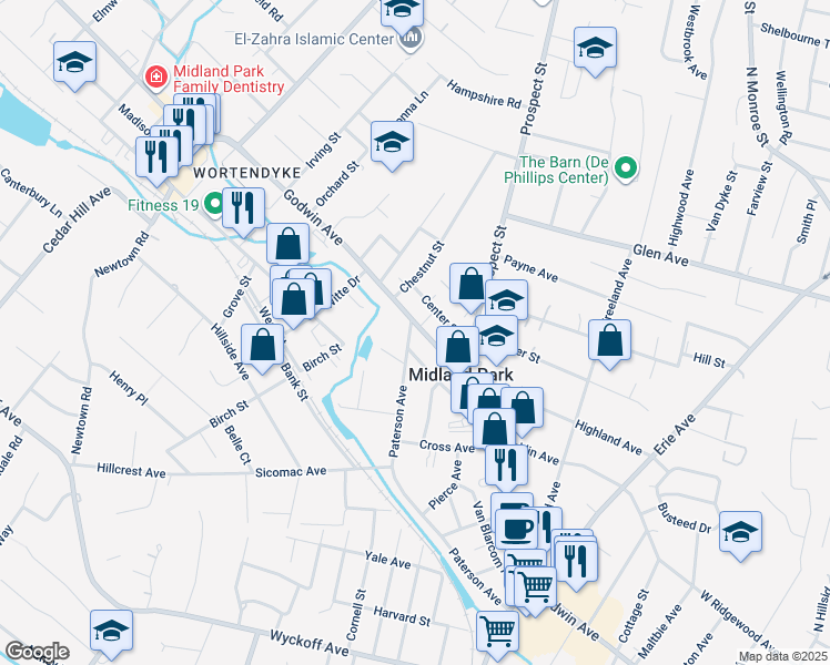 map of restaurants, bars, coffee shops, grocery stores, and more near 351 Godwin Avenue in Midland Park