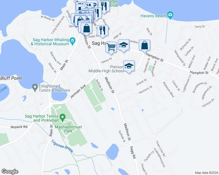 map of restaurants, bars, coffee shops, grocery stores, and more near 107 Madison Street in Sag Harbor