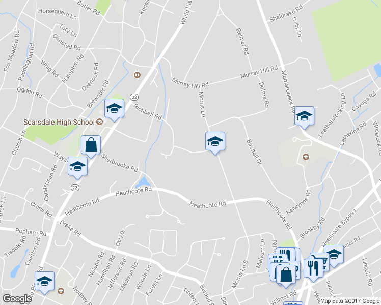 map of restaurants, bars, coffee shops, grocery stores, and more near 16 Richbell Road in Scarsdale