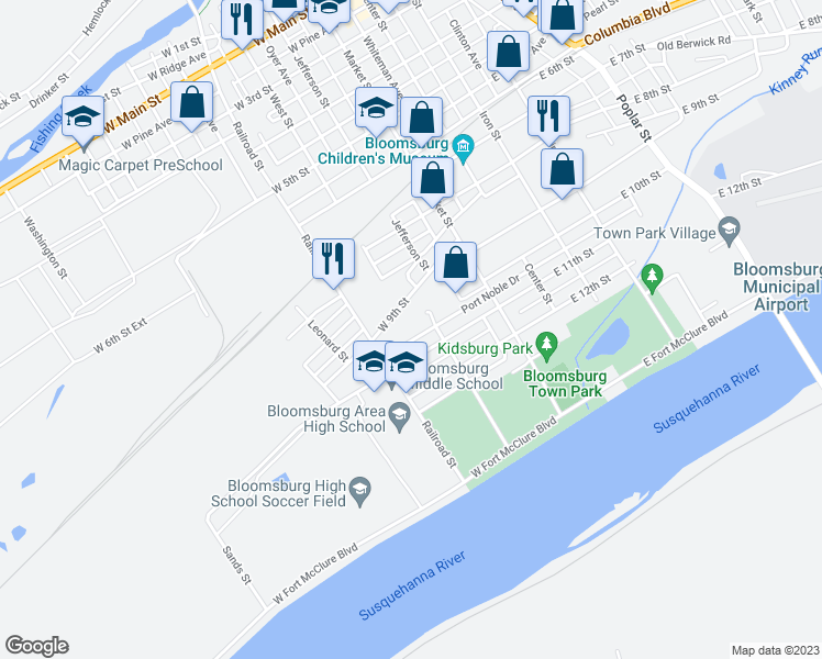 map of restaurants, bars, coffee shops, grocery stores, and more near 223 Port Noble Drive in Bloomsburg