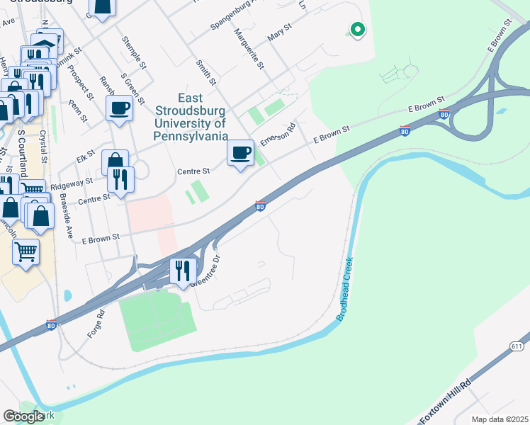 map of restaurants, bars, coffee shops, grocery stores, and more near 405 Greentree Drive in East Stroudsburg