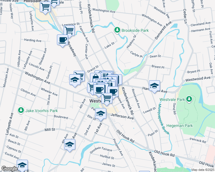 map of restaurants, bars, coffee shops, grocery stores, and more near 363 Center Avenue in Westwood