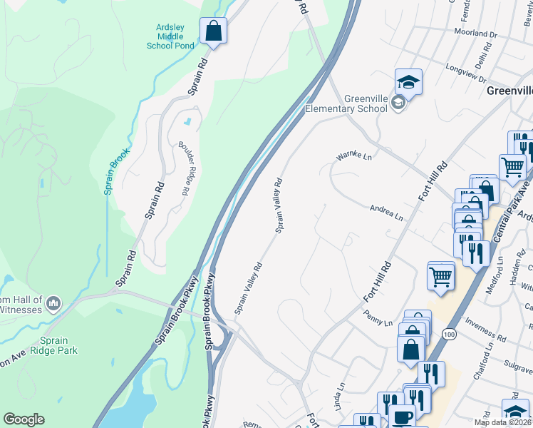 map of restaurants, bars, coffee shops, grocery stores, and more near 39 Sprain Valley Road in Scarsdale