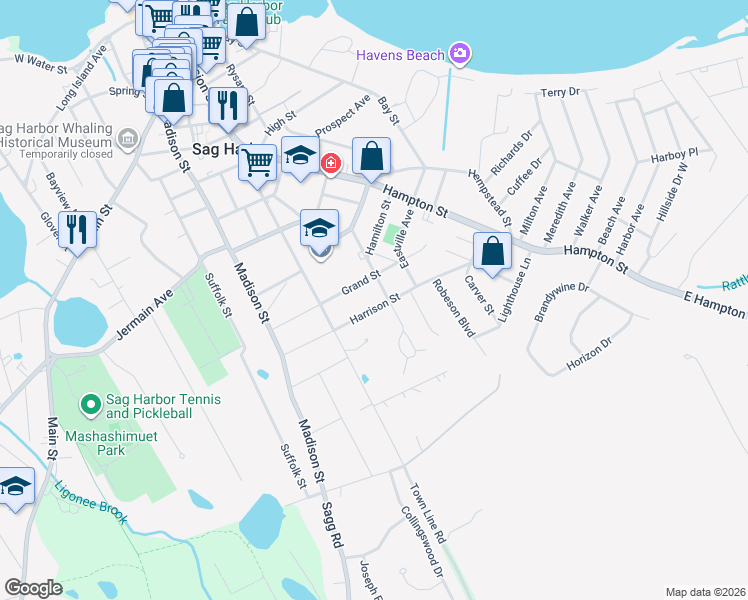 map of restaurants, bars, coffee shops, grocery stores, and more near 72 Grand Street in Sag Harbor