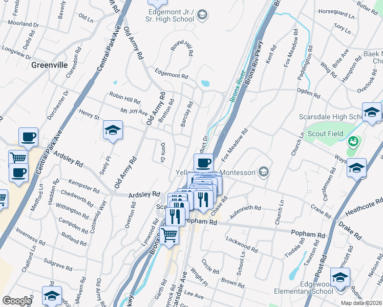 map of restaurants, bars, coffee shops, grocery stores, and more near 127 Edgemont Road in Scarsdale