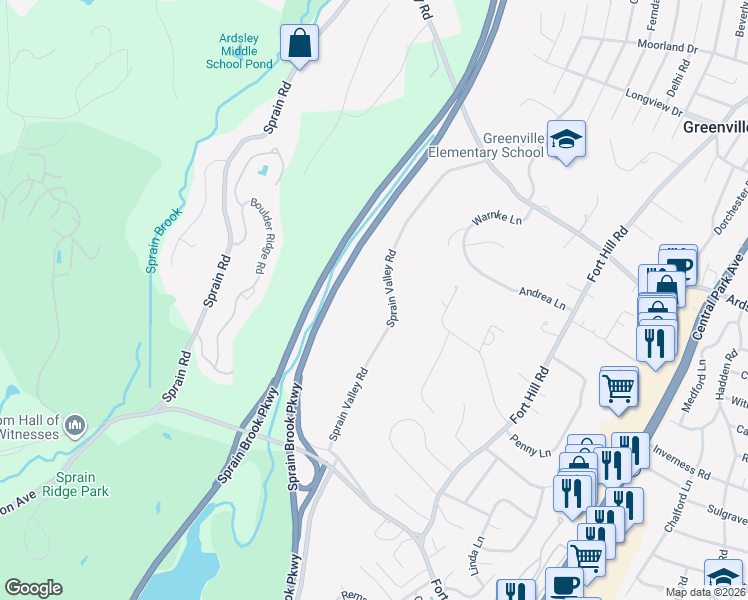map of restaurants, bars, coffee shops, grocery stores, and more near 39 Sprain Valley Road in Scarsdale