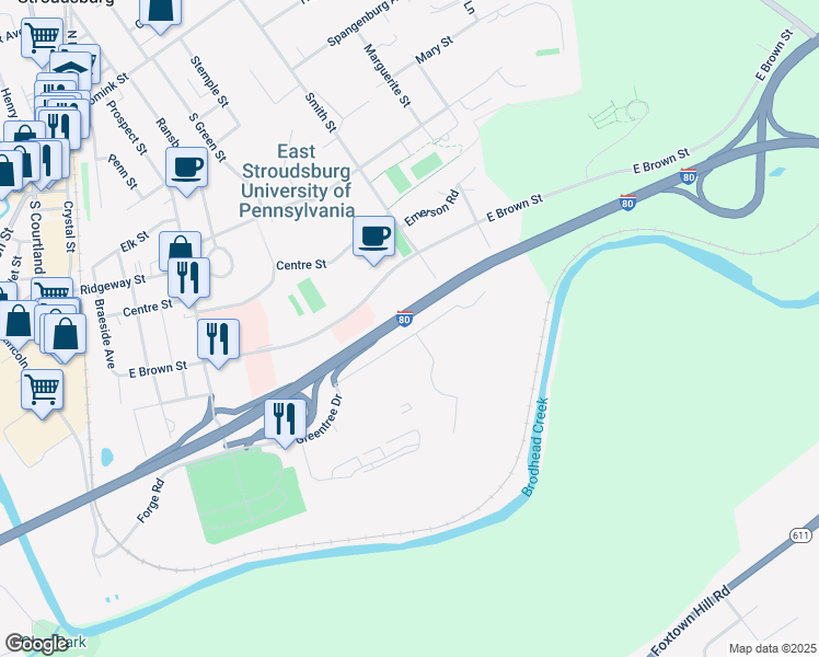 map of restaurants, bars, coffee shops, grocery stores, and more near 405 Greentree Drive in East Stroudsburg