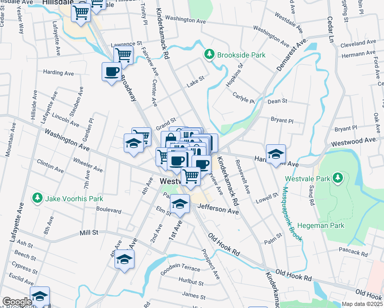 map of restaurants, bars, coffee shops, grocery stores, and more near 363 Center Avenue in Westwood
