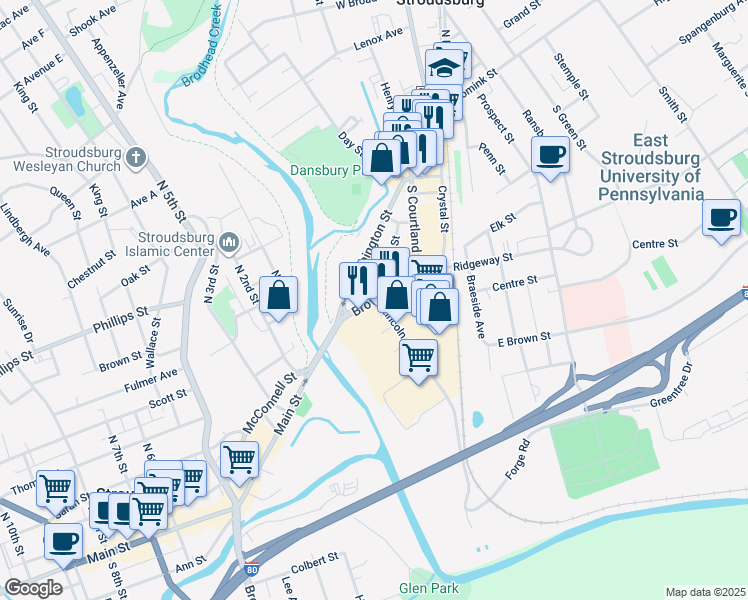 map of restaurants, bars, coffee shops, grocery stores, and more near 115 Brown Street in East Stroudsburg
