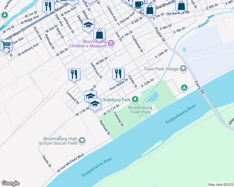 map of restaurants, bars, coffee shops, grocery stores, and more near 138 West 11th Street in Bloomsburg