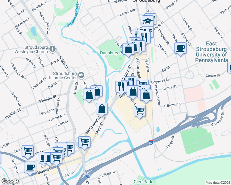map of restaurants, bars, coffee shops, grocery stores, and more near 290 Washington Street in East Stroudsburg