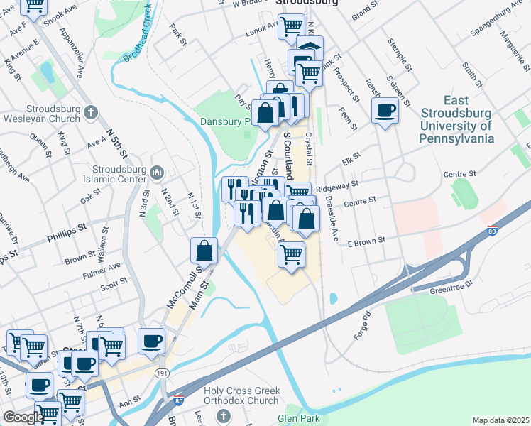 map of restaurants, bars, coffee shops, grocery stores, and more near 300 Lincoln Avenue in East Stroudsburg