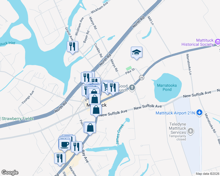 map of restaurants, bars, coffee shops, grocery stores, and more near 280 Wickham Avenue in Mattituck