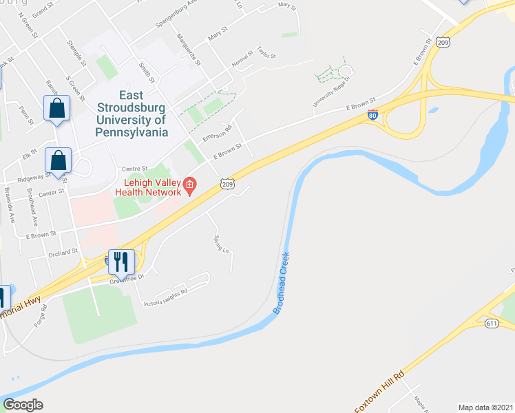 map of restaurants, bars, coffee shops, grocery stores, and more near 373 Greentree Drive in East Stroudsburg