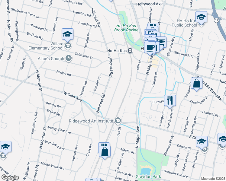 map of restaurants, bars, coffee shops, grocery stores, and more near 45 Phelps Road in Ridgewood