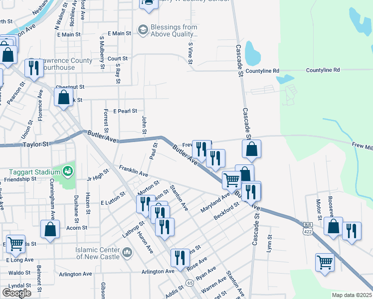 map of restaurants, bars, coffee shops, grocery stores, and more near 1035 Frew Mill Road in New Castle