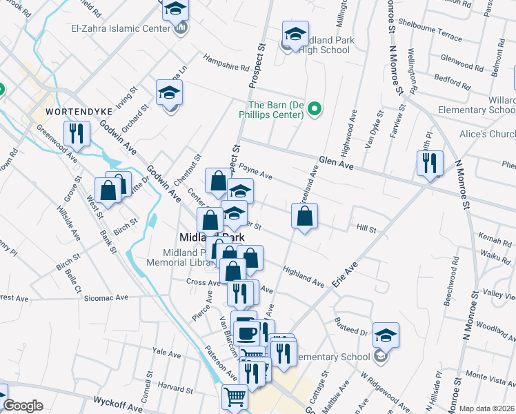 map of restaurants, bars, coffee shops, grocery stores, and more near 45 Hill Street in Midland Park