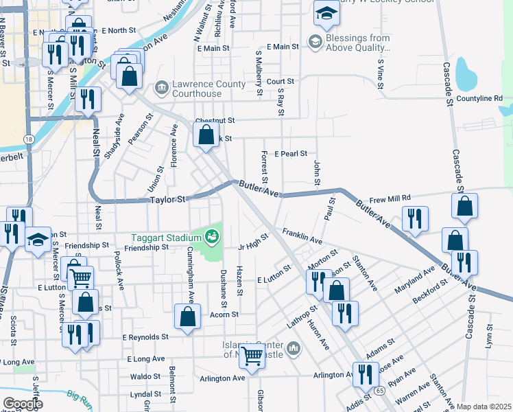 map of restaurants, bars, coffee shops, grocery stores, and more near 813 East Washington Street in New Castle
